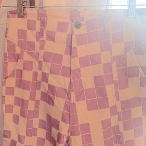 Lucy & Yak high waisted lilac geometric print regular slim fit pants.